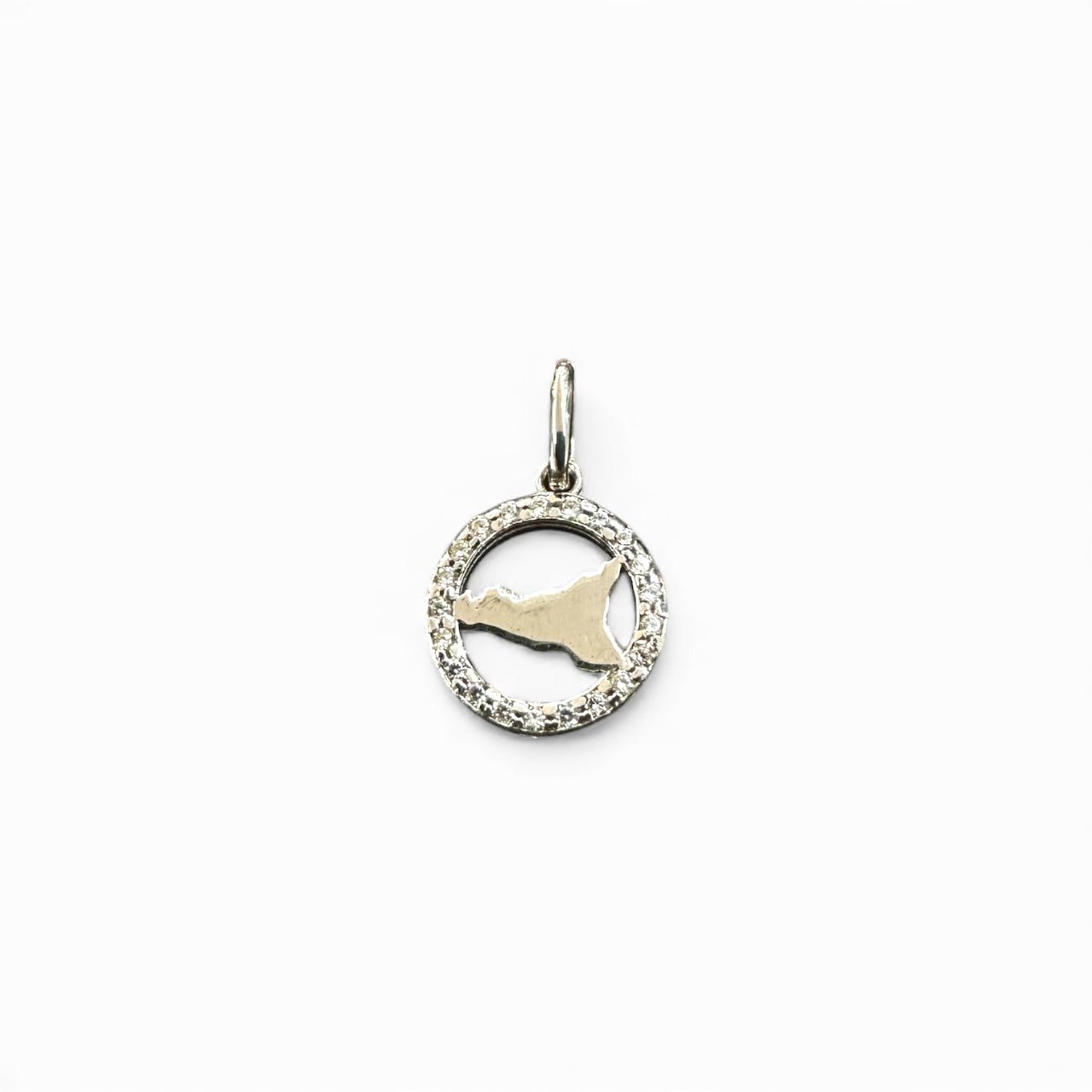 Pendente in argento 925 con sagoma della Sicilia e contorno di zirconi