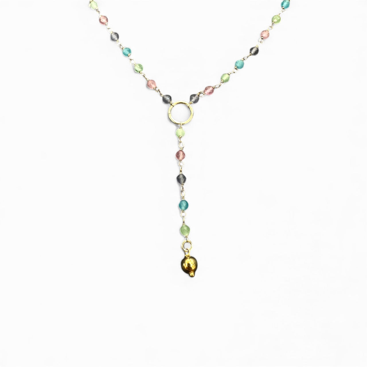 Collana rosario multicolor in argento 925 dorato con pendente a goccia