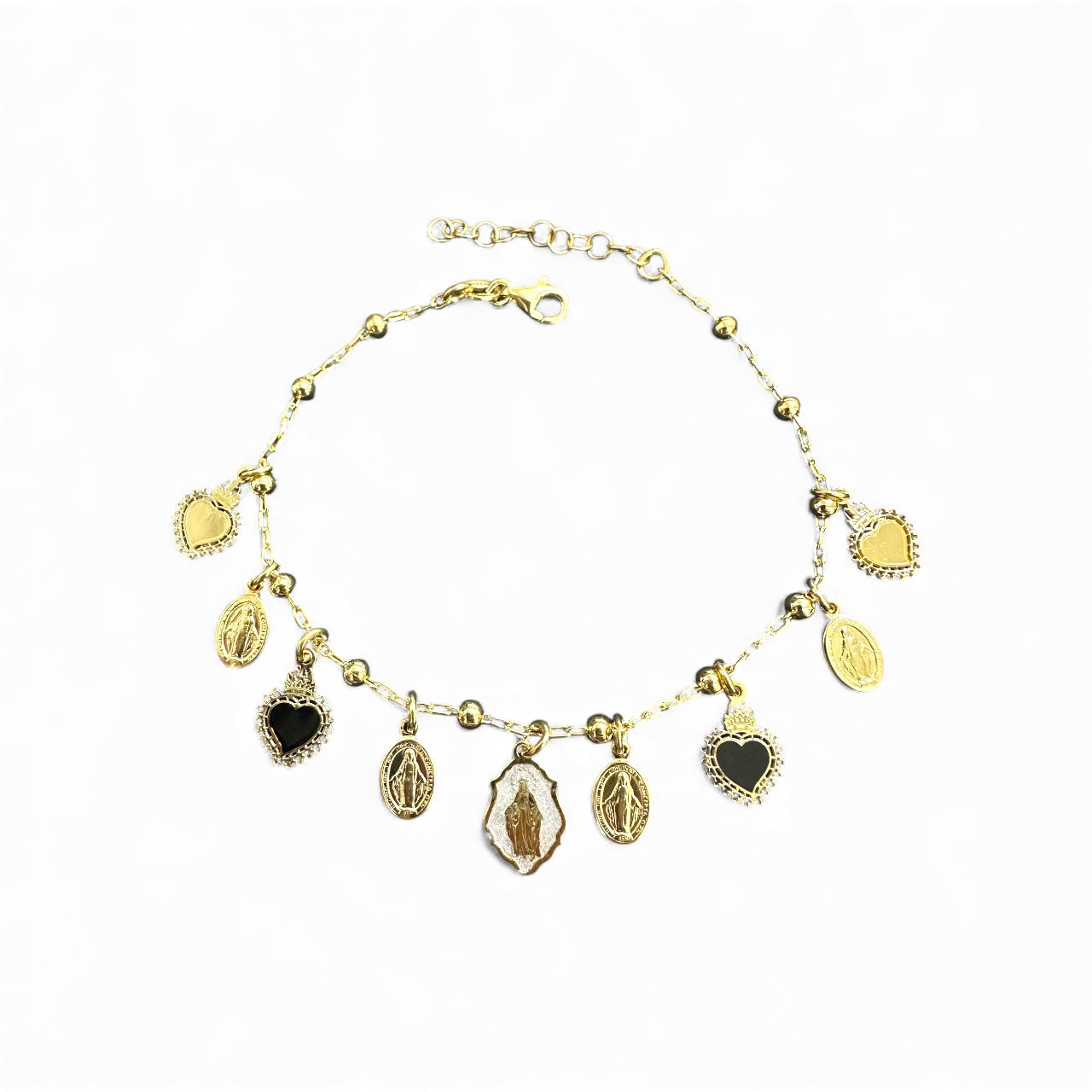 Bracciale Dorato con Ciondoli Sacri e Cuori Smaltati