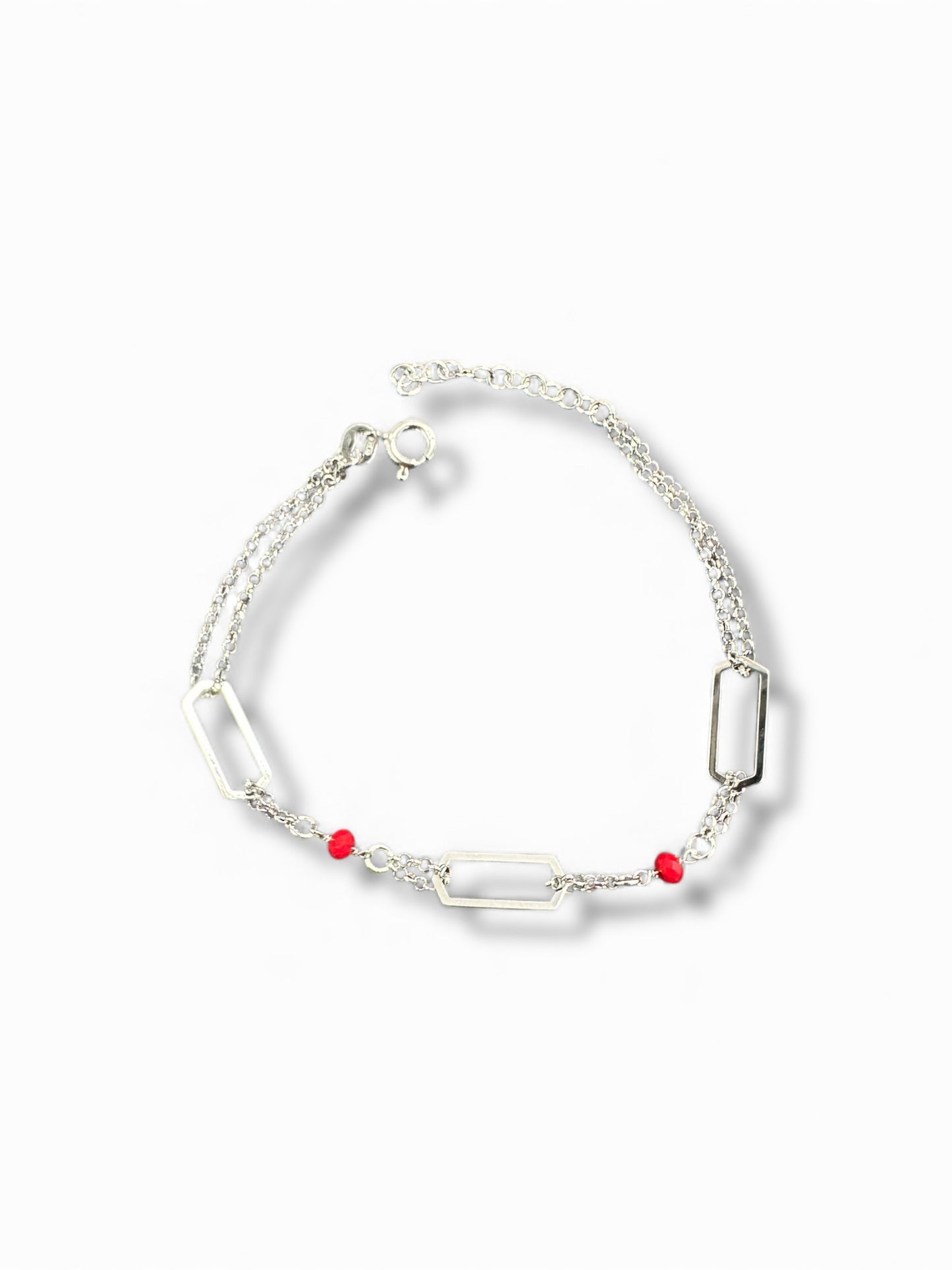 Bracciale in Argento 925 con Maglie Rettangolari e Perline Rosse