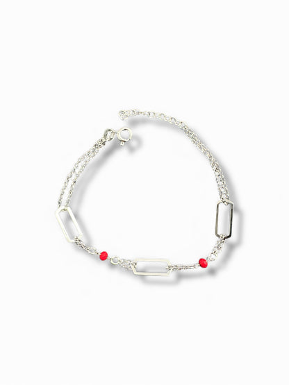 Bracciale in Argento 925 con Maglie Rettangolari e Perline Rosse