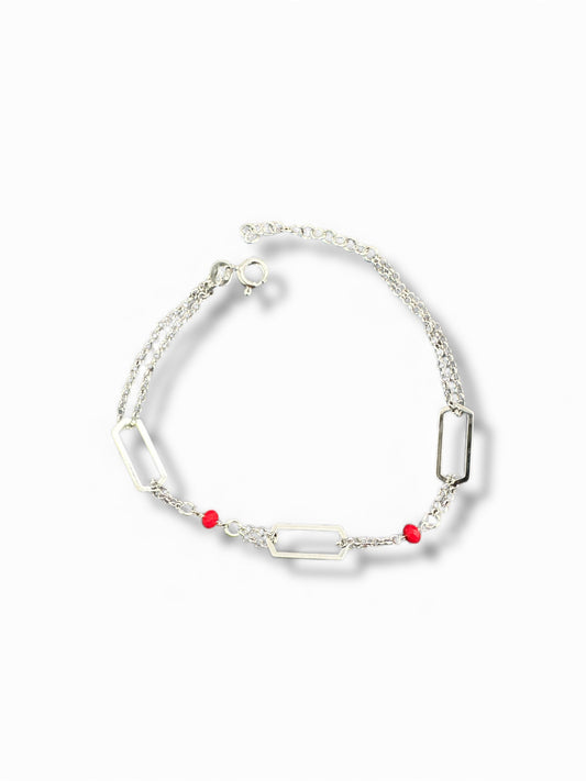 Bracciale in Argento 925 con Maglie Rettangolari e Perline Rosse