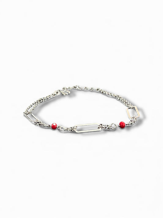 Bracciale in Argento 925 con Maglie Rettangolari e Perline Rosse