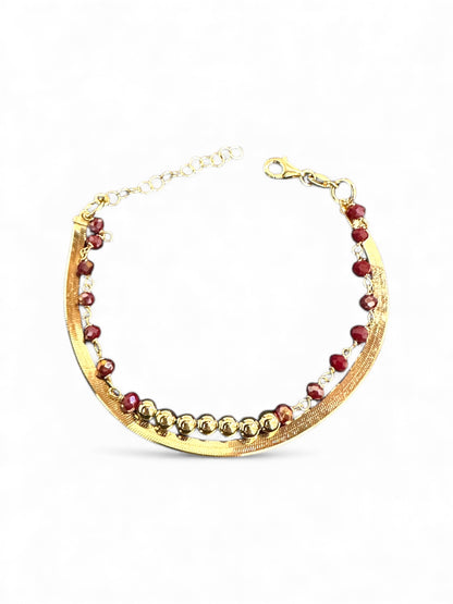 Bracciale in Argento 925 Dorato con Perle Rosse e Barra Martellata