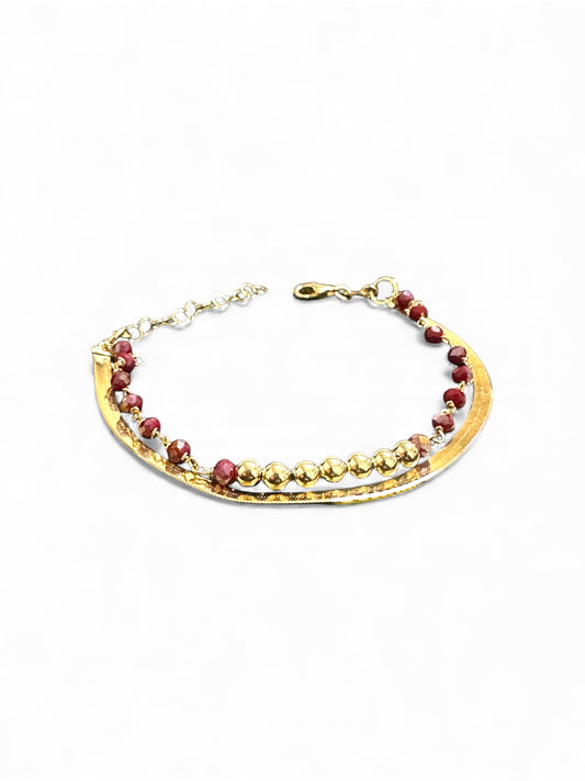 Bracciale in Argento 925 Dorato con Perle Rosse e Barra Martellata