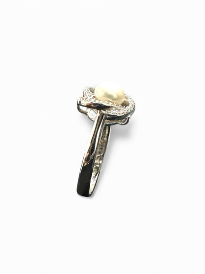 Anello in Argento 925 con Perla Centrale e Zirconi – Misura 14