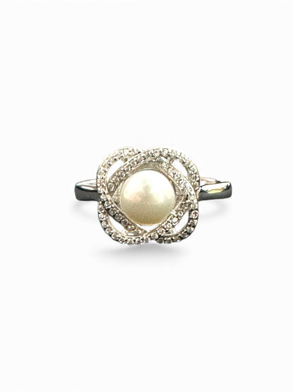 Anello in Argento 925 con Perla Centrale e Zirconi – Misura 14
