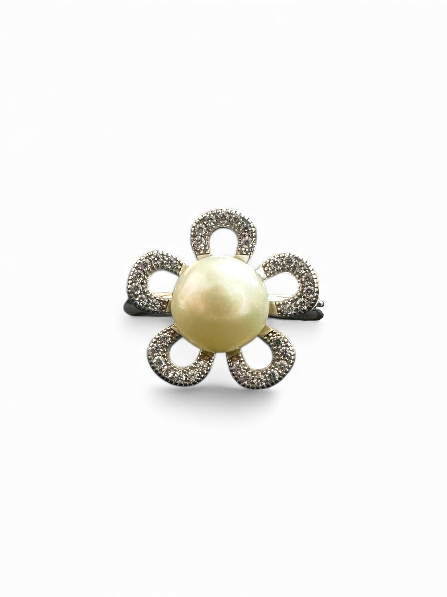 Anello in Argento 925 a Fiore con Perla Centrale e Zirconi – Misura 18