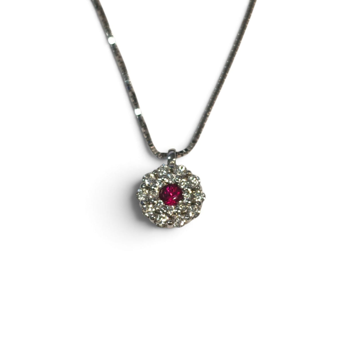 Pendente in Oro Bianco 18kt con Diamanti CT 0.11 e Rubino CT 0.05