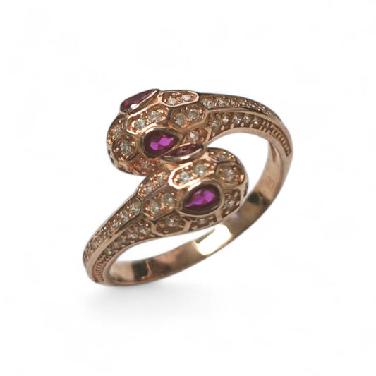 Anello Serpente in Argento Giallo con Zirconi e Spinelli Rossi