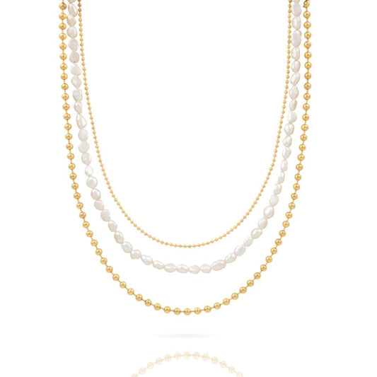 Collana con Perle Naturali e catene a sfere in acciaio lucido con trattamento PVD Oro Giallo