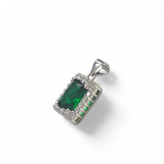 Ciondolo Donna Rettangolare con Zircone Verde Taglio Smeraldo e Cornice di Zirconi – Argento 925