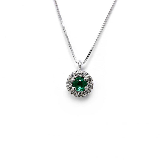 Pendente Rotondo con Smeraldo Centrale CT 0.20 e Diamanti CT 0.05