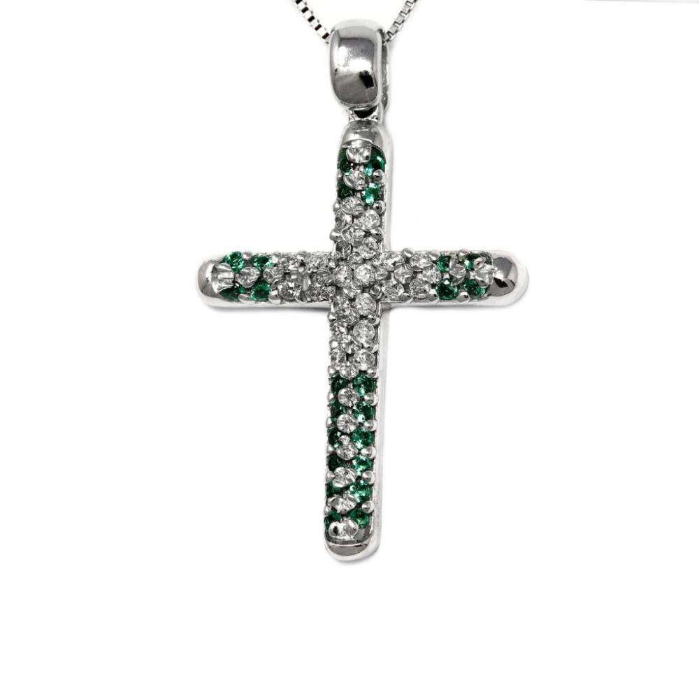 Pendente Croce con Diamanti  CT 0.12 e Smeraldi  CT 0.11