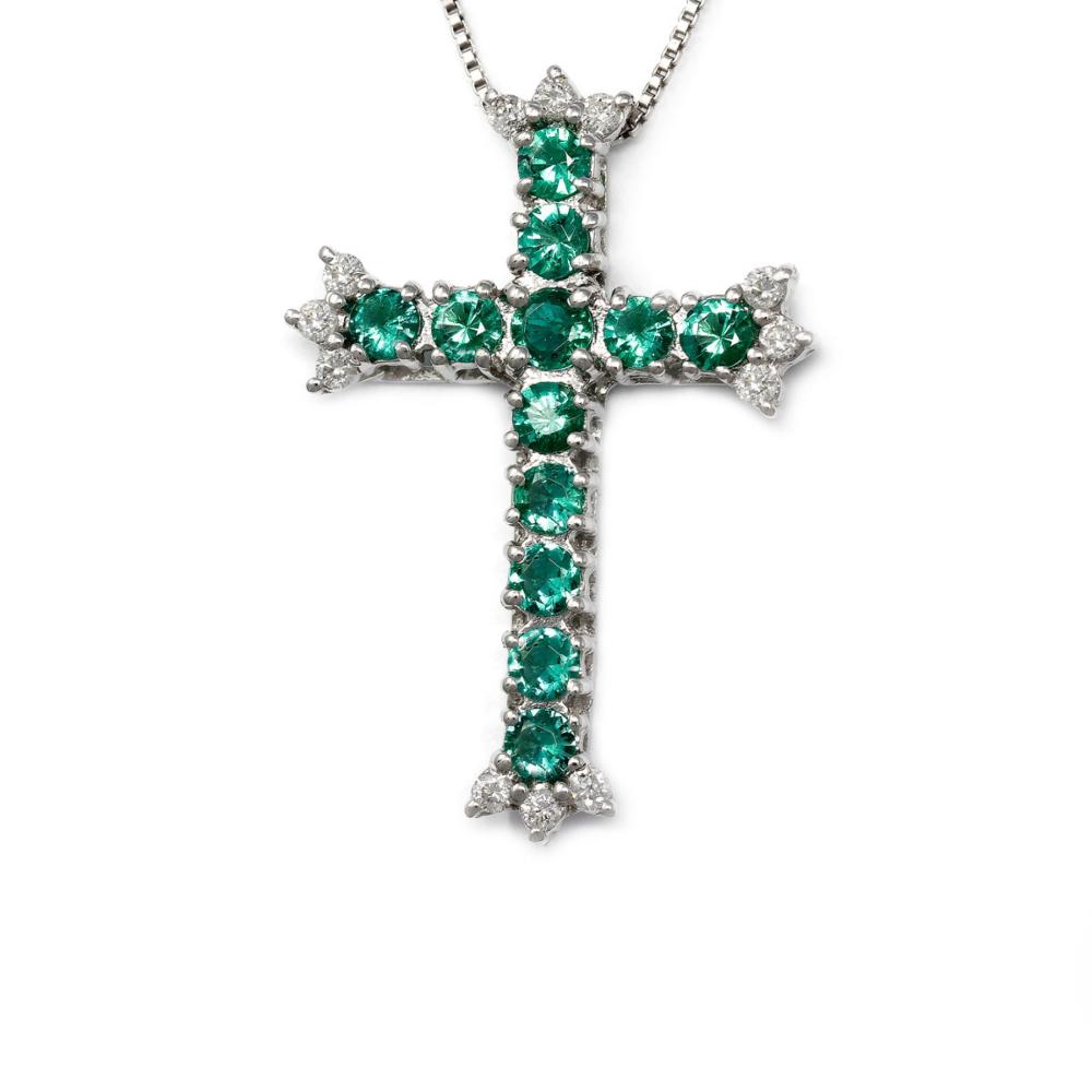 Pendente Croce con Diamanti  CT 0.24 e Smeraldi  CT 0.83